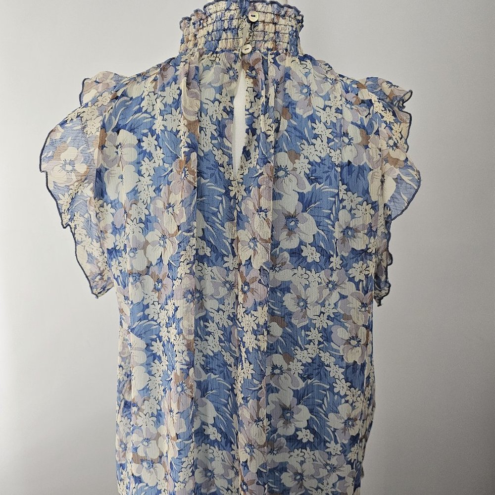 MELLODAY blue BLOUSE top FLORAL lined SMOCKED ruffles BLOUSE - Picture 7 of 12